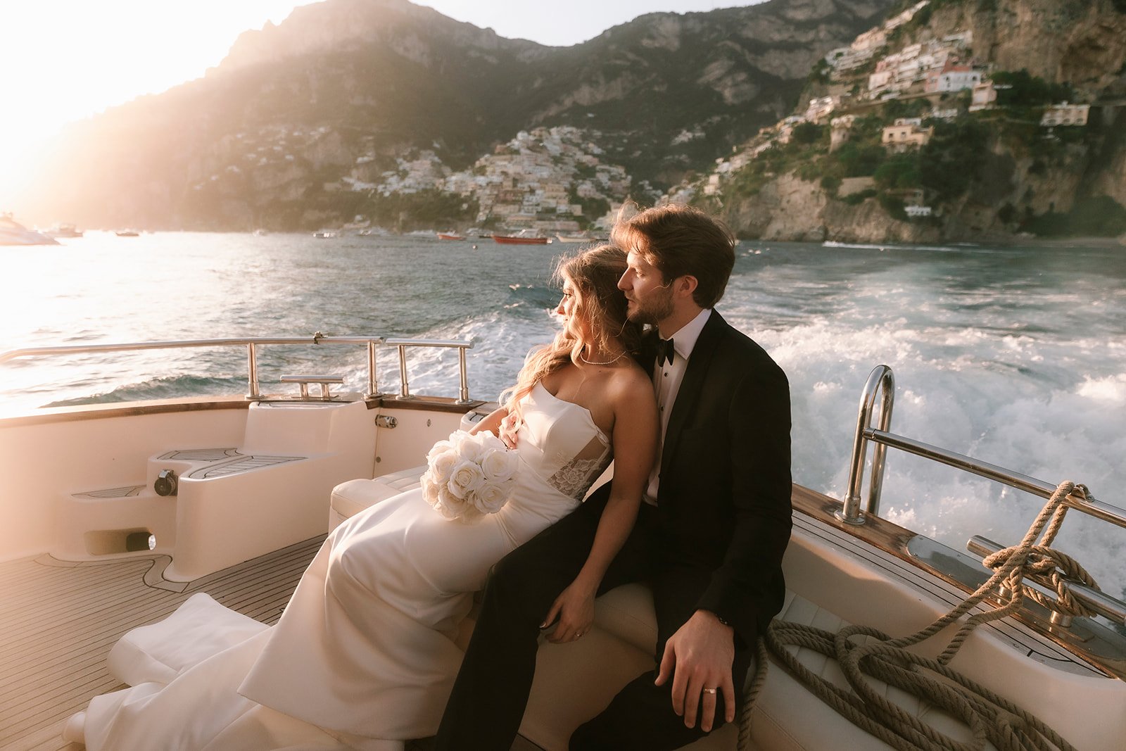 Positano wedding elopement, bride and groom, boat Positano,  vintage car Positano, Elopement photographer Amalfi Coast 