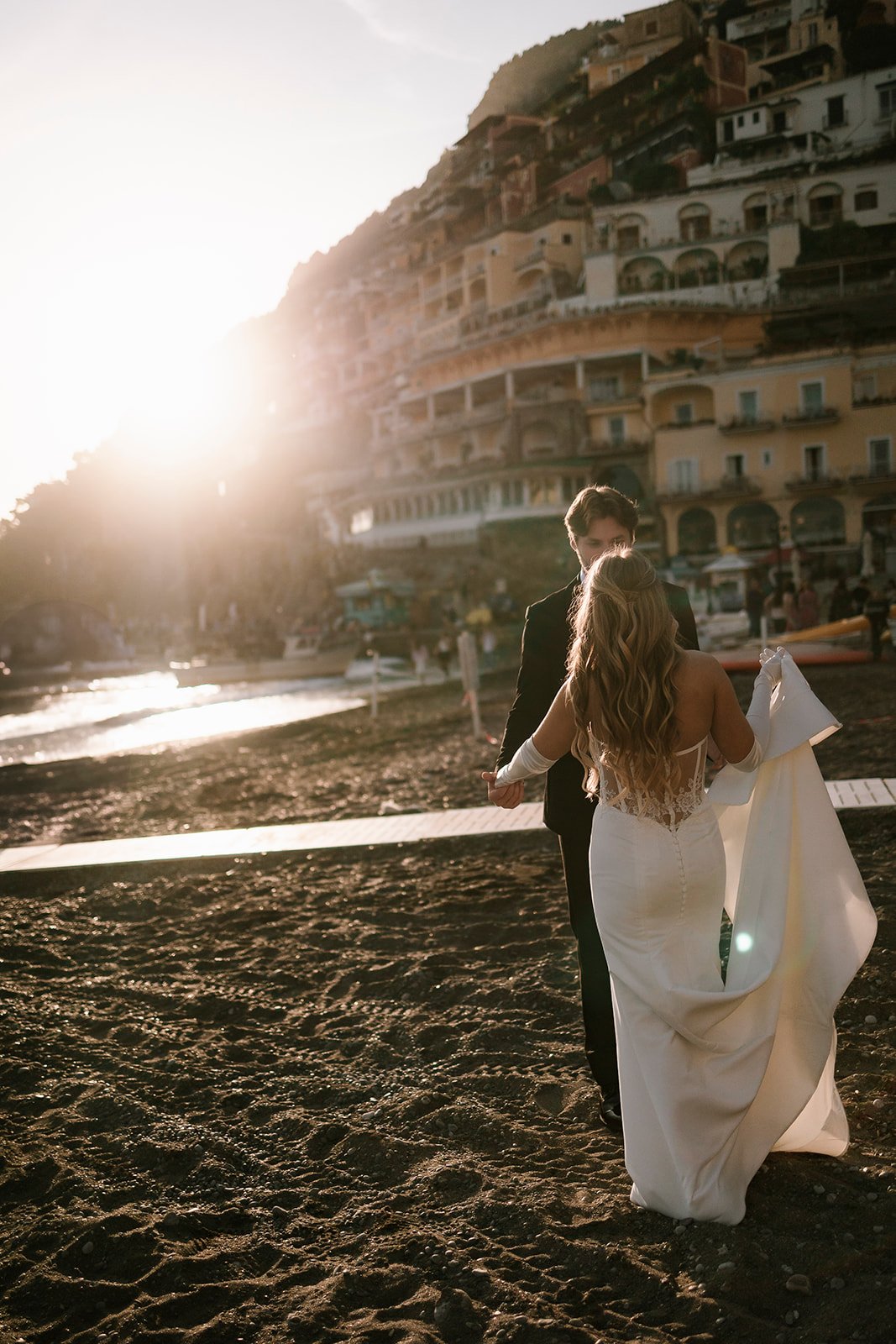 Positano wedding elopement, bride and groom, boat Positano,  vintage car Positano, Elopement photographer Amalfi Coast 