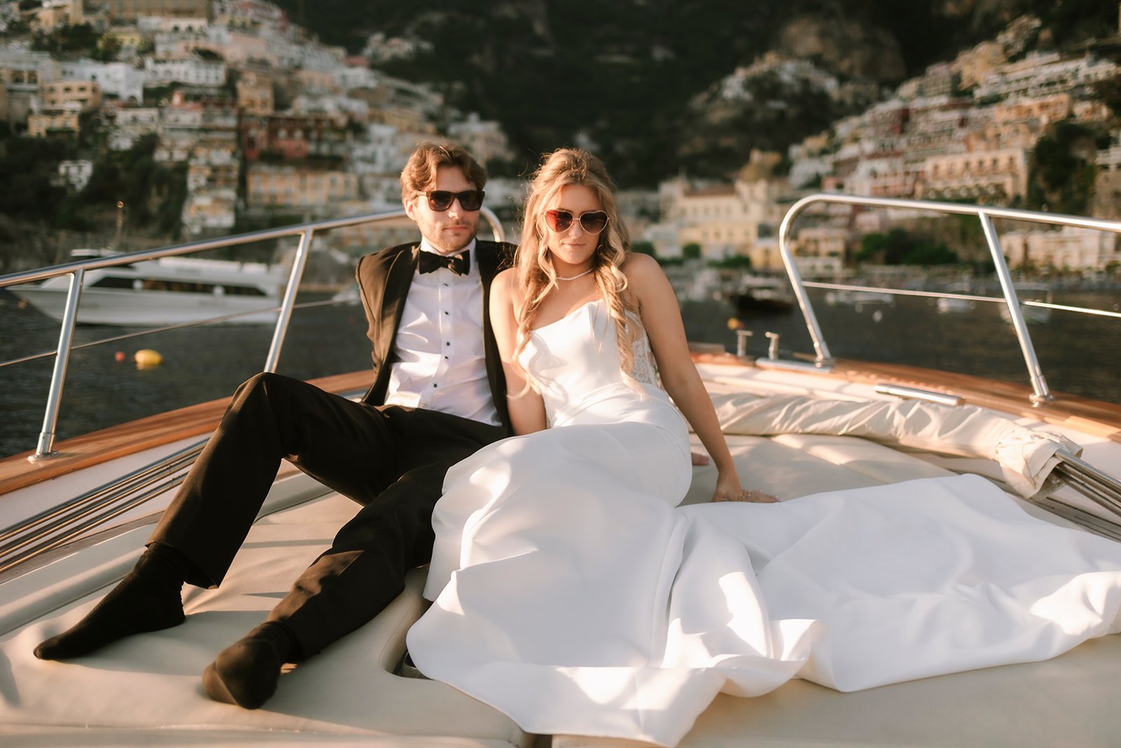Positano wedding elopement, bride and groom, boat Positano,  vintage car Positano, Elopement photographer Amalfi Coast 