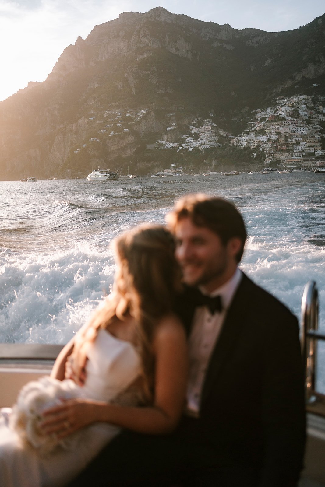 Positano wedding elopement, bride and groom, boat Positano,  vintage car Positano, Elopement photographer Amalfi Coast 